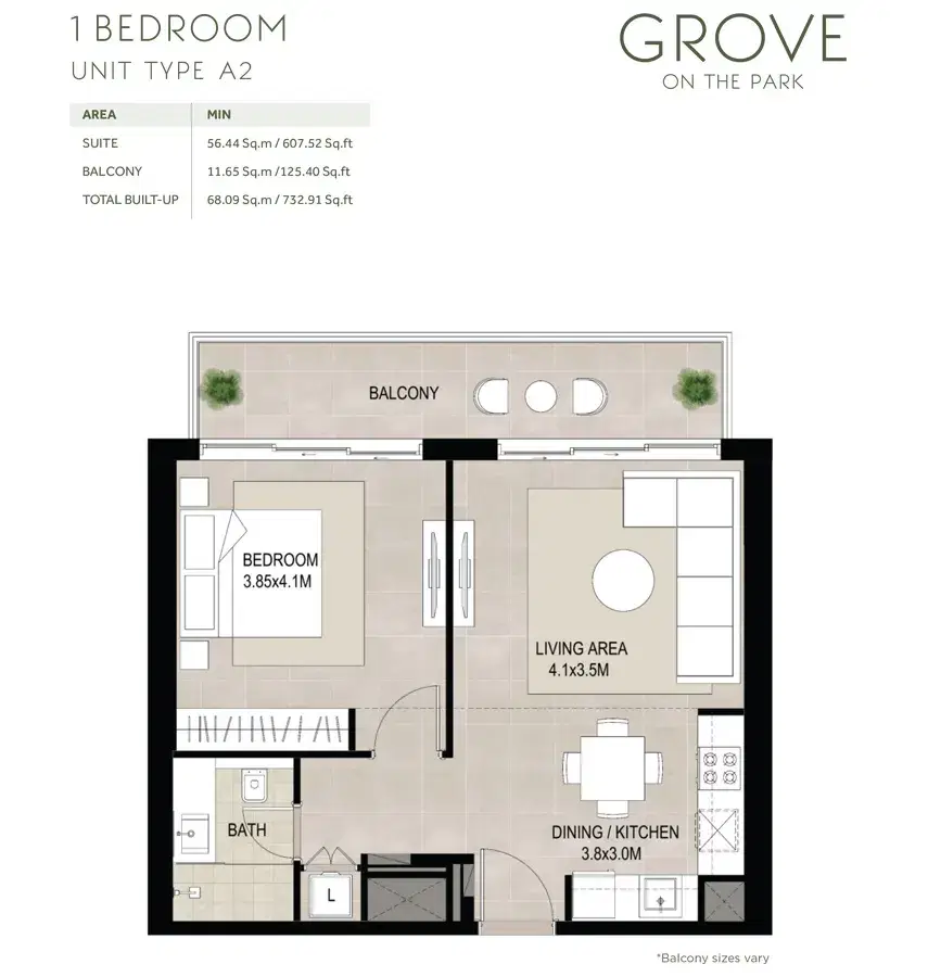 NSHAMA Grove On The Park at Town Square Dubai - Apartments 1 BR Apartments Floor Plan
