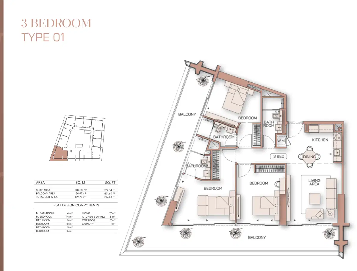Binghatti Pinnacle Apartments Dubai at Al Jaddaf 3 BR Apartment Floor Plan