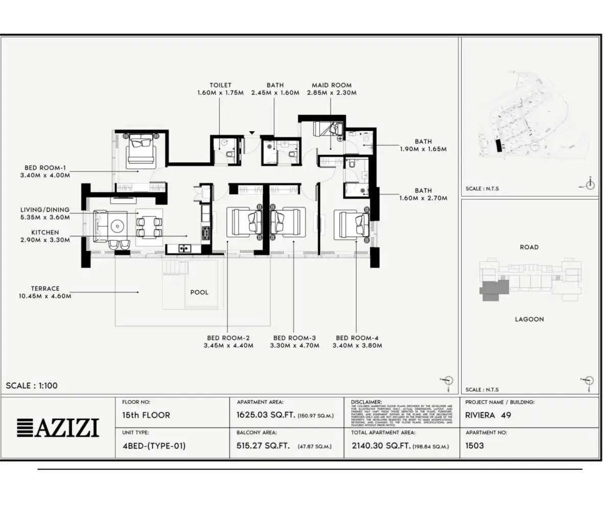 Azizi Riviera 49 at Meydan Dubai | Luxury Studios & Apartments 4 BR Apartment Floor Plan