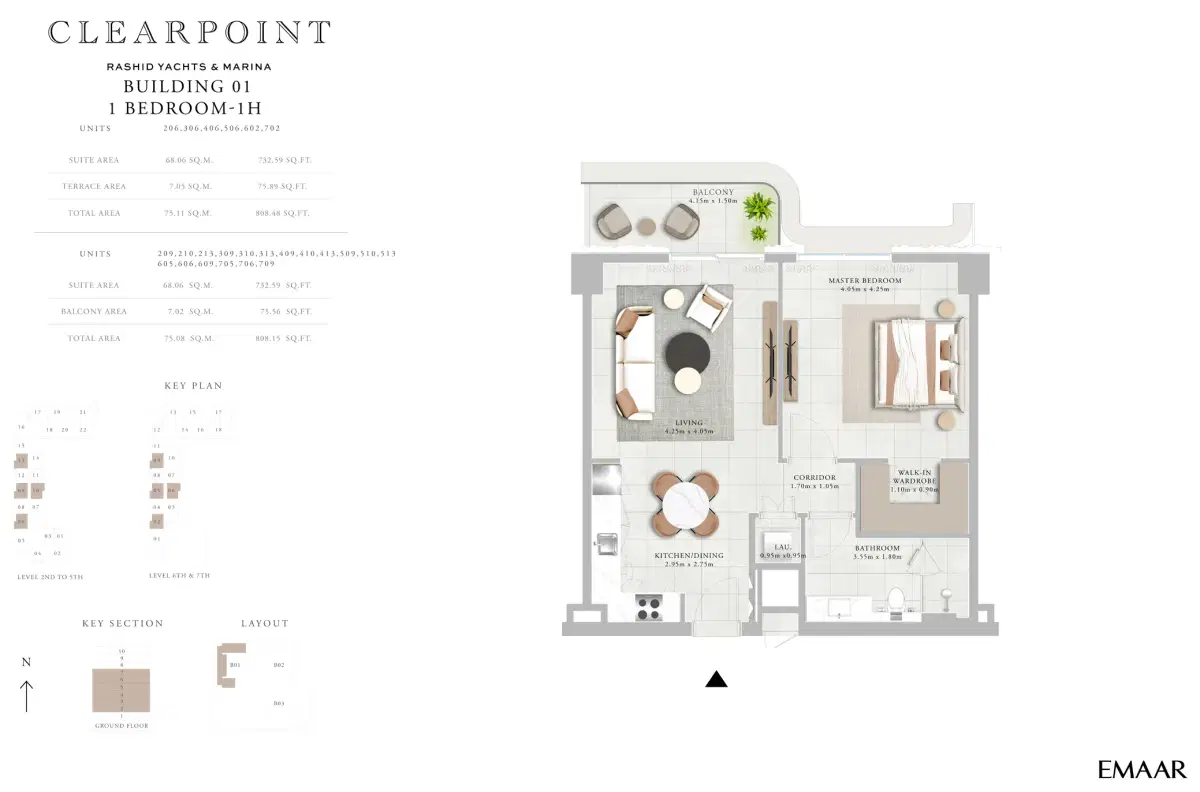 EMAAR Clearpoint Dubai 1 BR Floor Plan 808 Sq. Ft.
