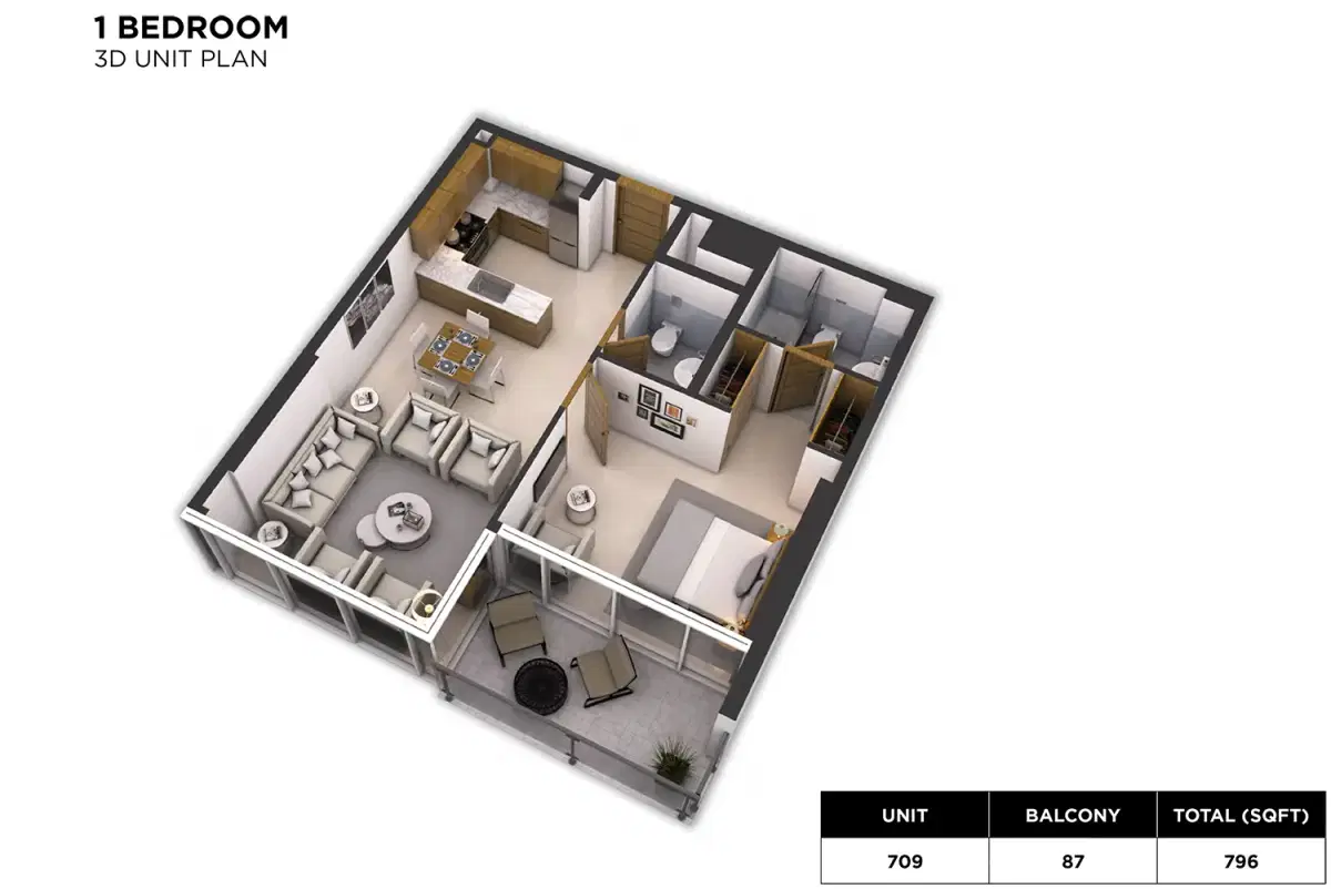 DAMAC Hills Loreto 1 Bedroom Apartment Floor Plan