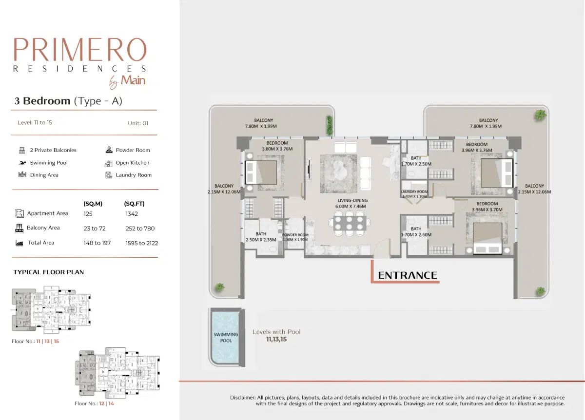 Primero Residences Main Realty Al Furjan 3 BR Apartments Floor Plan