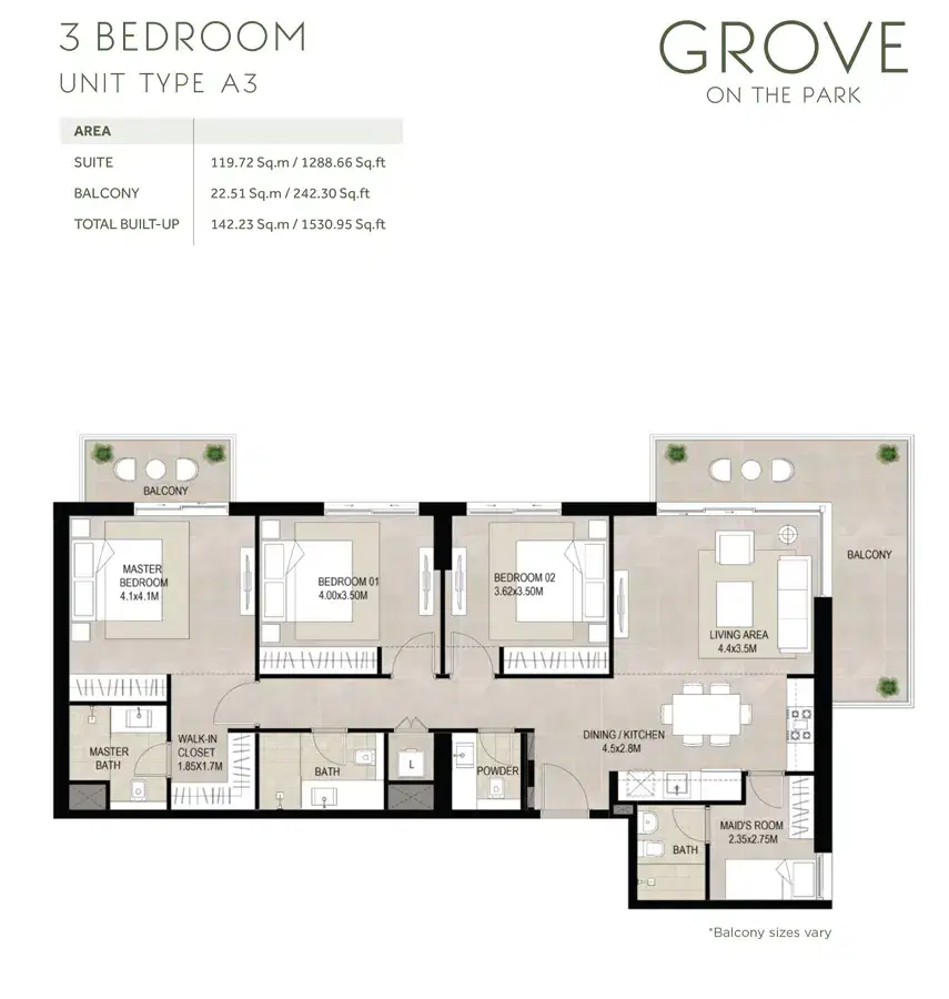 NSHAMA Grove On The Park at Town Square Dubai - Apartments 3 BR Apartments Floor Plan
