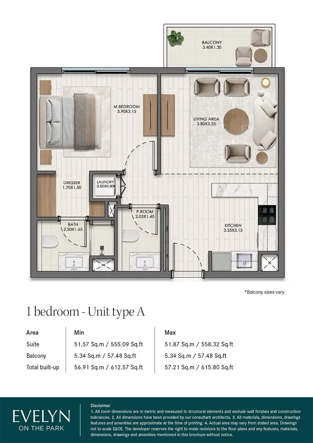 Nshama Evelyn on the Park at Town Square Dubai 1 BR Floor Plan 615 Sq. Ft.