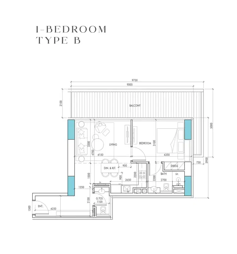 The Waterway Prestige One Meydan Horizon 1 BR Apartments Floor Plan