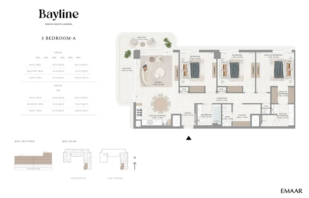 Emaar Bayline at Rashid Yachts & Marina, Apartments & Duplexes 3 Bedroom Apartments Floor Plan