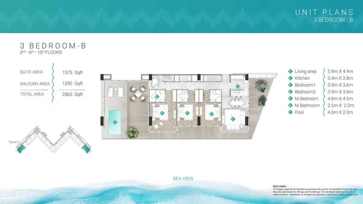Durar Moonstone Al Marjan Island 3 Bedroom Apartments Floor Plan