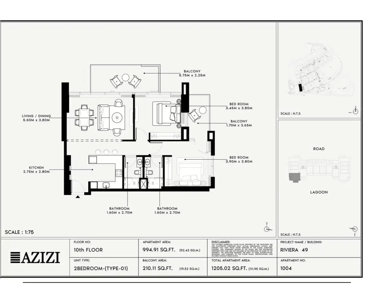 Azizi Riviera 49 at Meydan Dubai | Luxury Studios & Apartments 2 BR Apartment Floor Plan