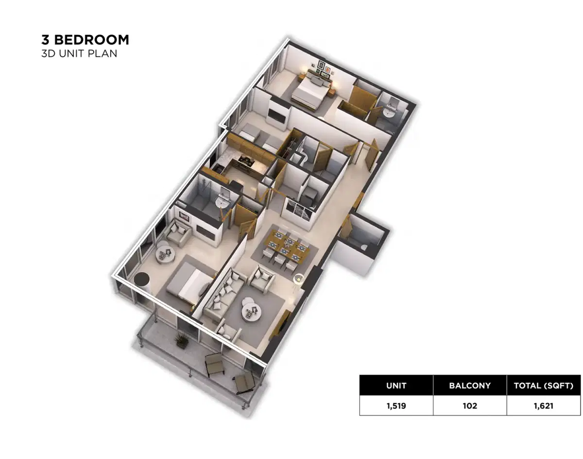 DAMAC Hills Loreto 3 Bedroom Apartment Floor Plan