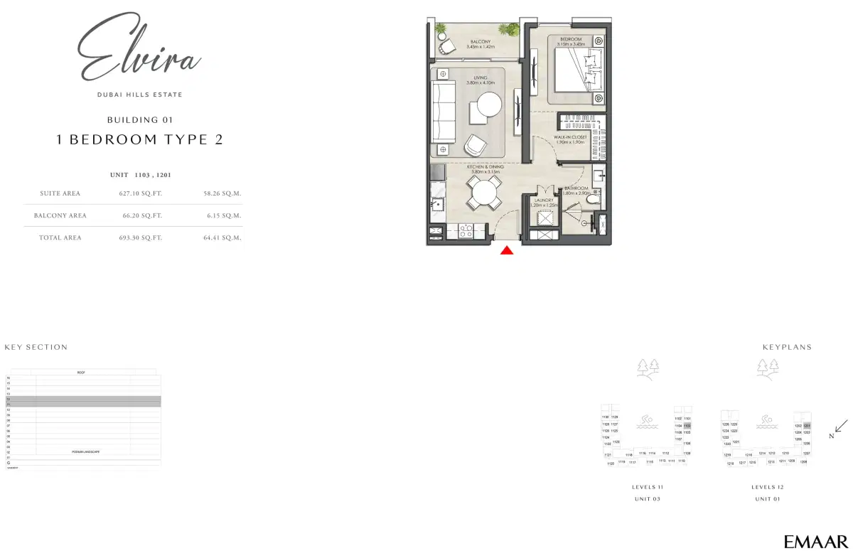 Emaar Elvira 1 Bedroom Apartments Floor Plan