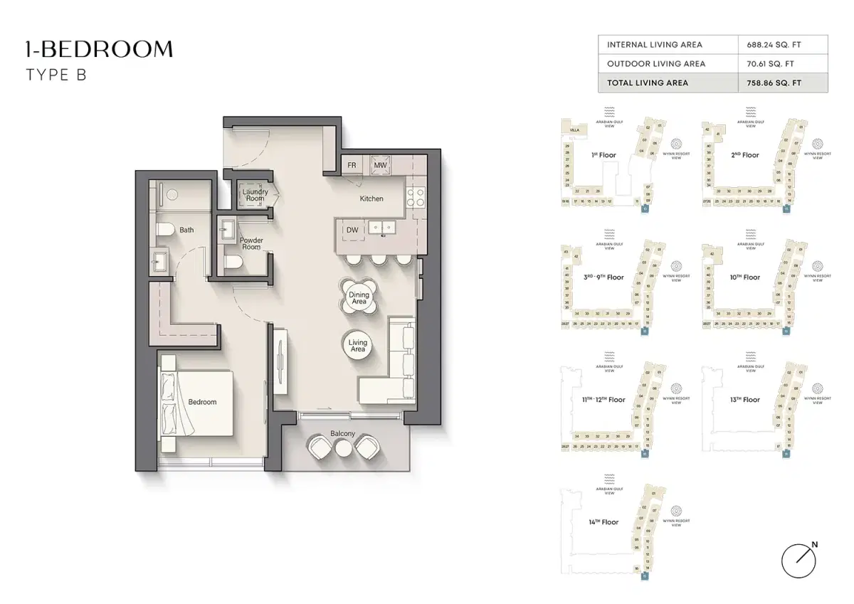 Ellington Playa Del Sol at Al Marjan Island Dubai 1 BR Apartments Floor Plan