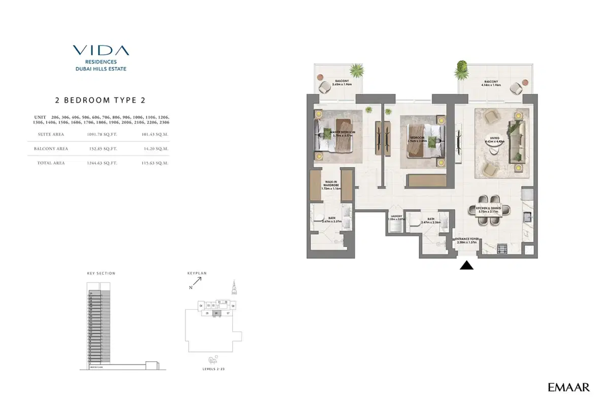 Emaar Vida Residences Dubai Hills Estate 2 BR Apartments Floor Plan