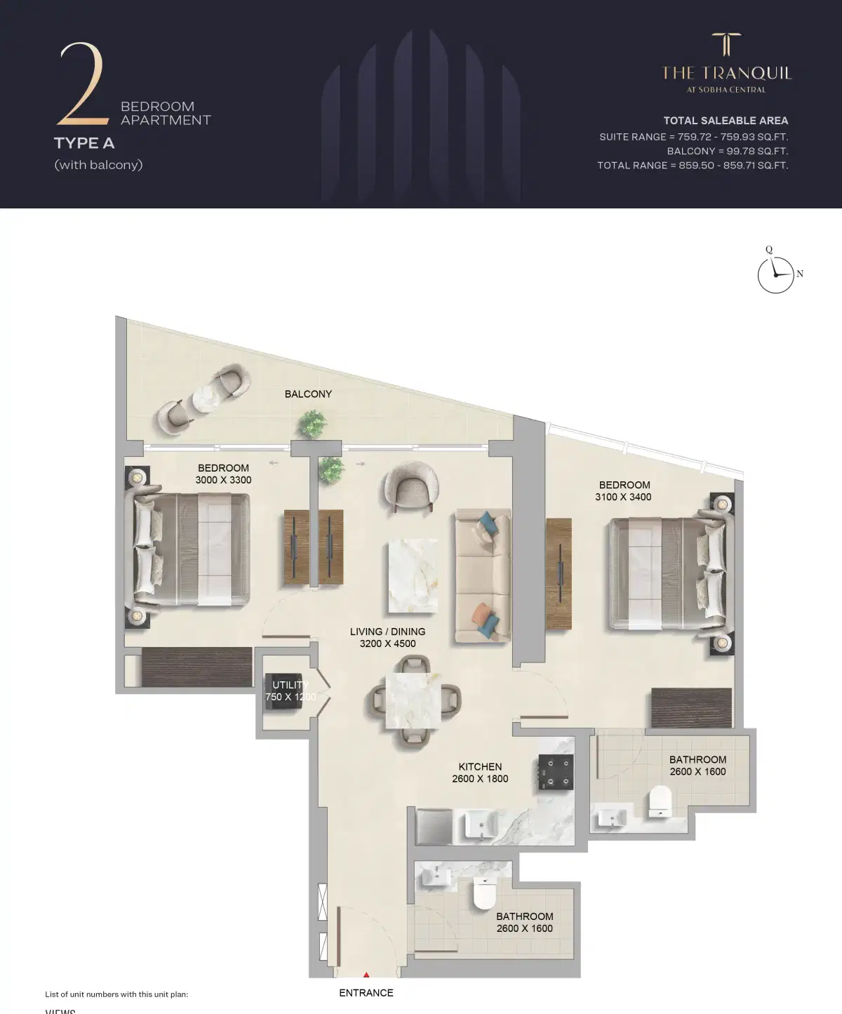 Sobha The Tranquil At Sobha Central Dubai 2 Bedroom Apartment Floor Plan