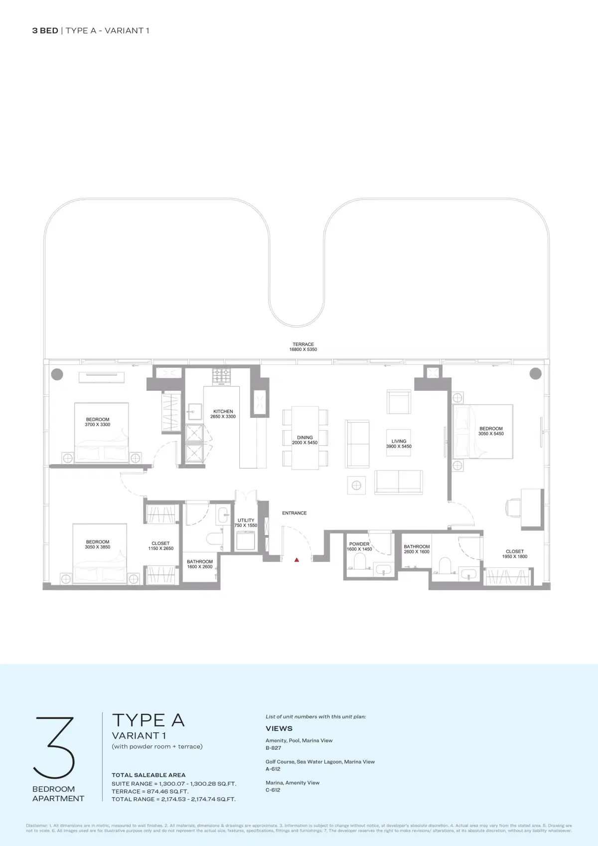 Sobha Bayfront Marina Residences at Siniya Island 3 BR Floor Plan 2,174 Sq. Ft.
