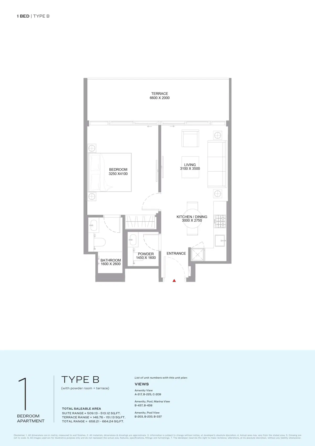 Sobha Bayfront Marina Residences at Siniya Island 1 BR Floor Plan 658 Sq. Ft.