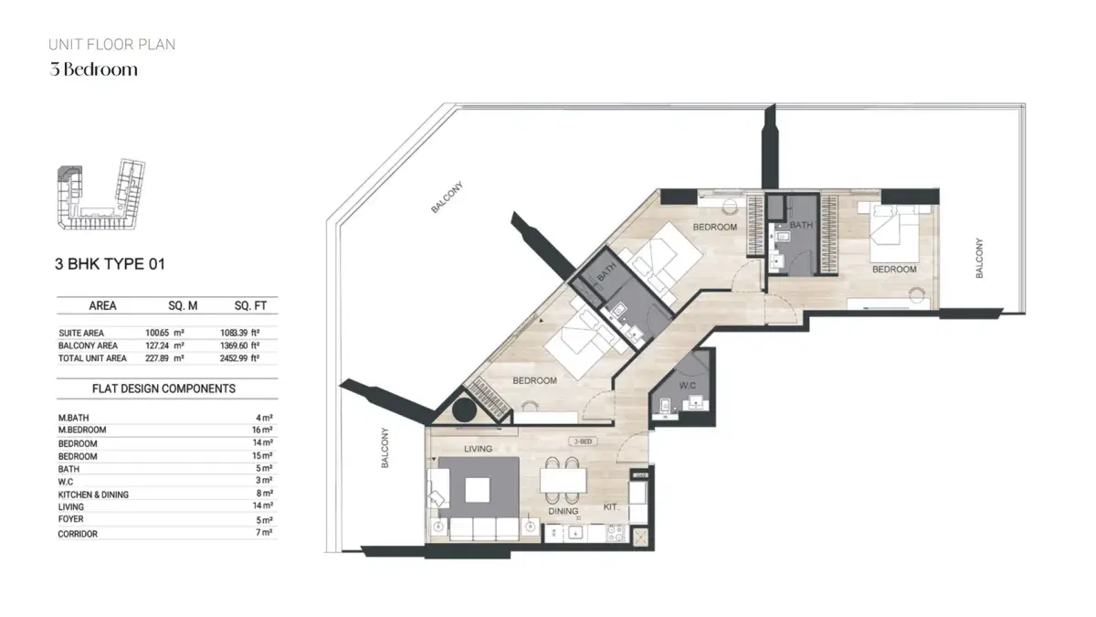 Binghatti Ghost Studios & Apartments at Al Jaddaf 3 BR Floor Plan 2,452 Sq. Ft.