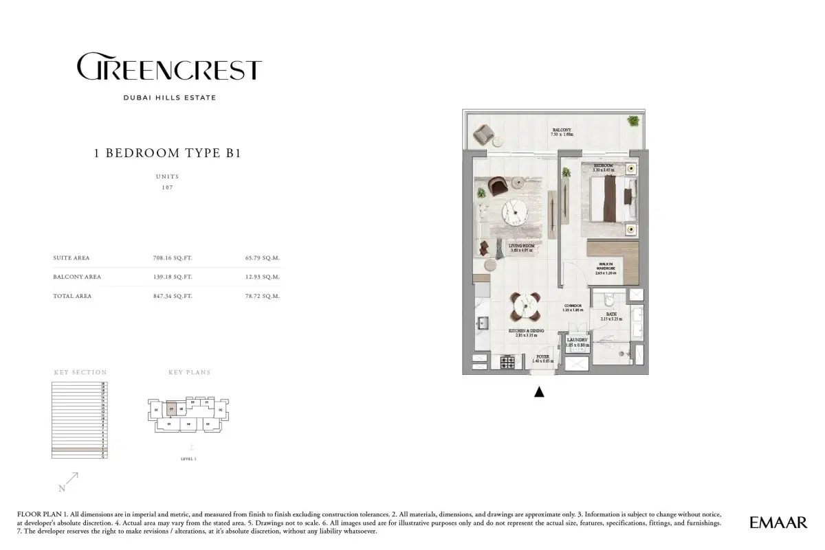 Emaar Greencrest At Dubai Hills Estate 1 BR Apartment Floor Plan