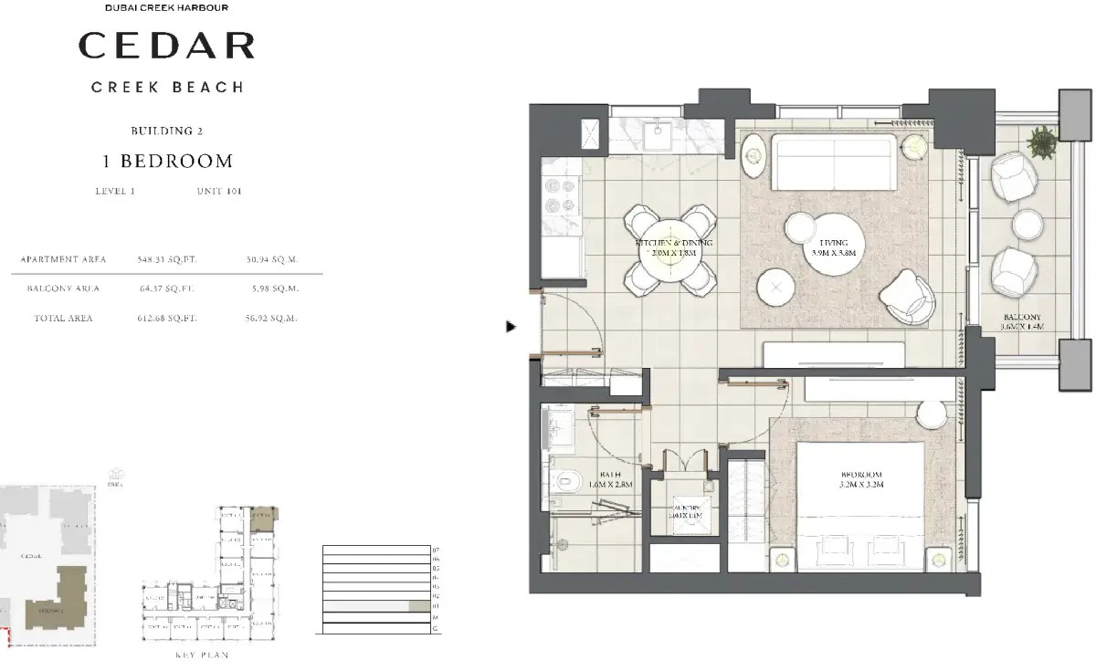 EMAAR Cedar Creek Beach Apartments at Dubai Creek Harbour 1 BR Apartment Floor Plan