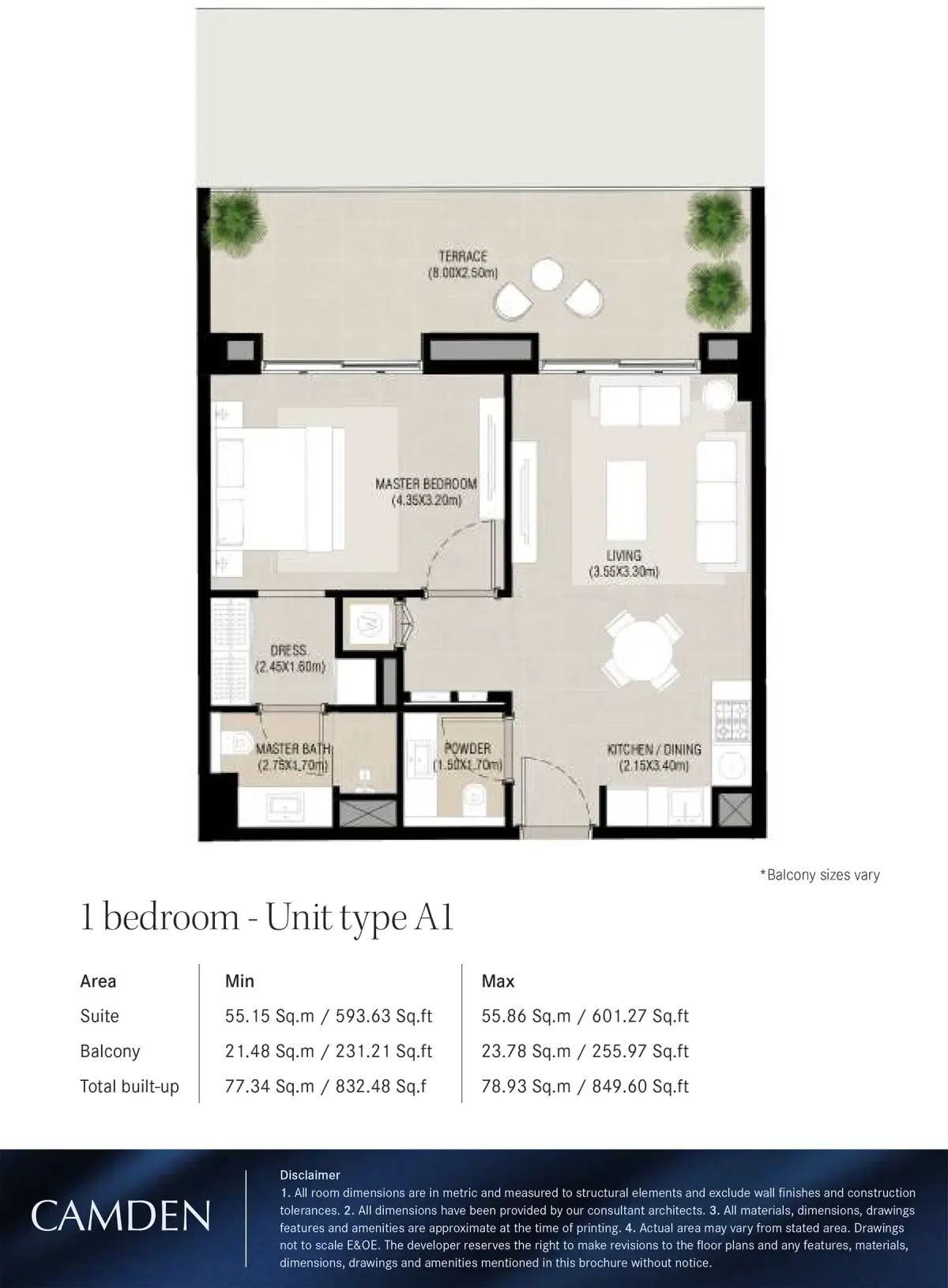 Nshama Camden Apartments at Town Square Dubai 1 BR Floor Plan 849 Sq. Ft.