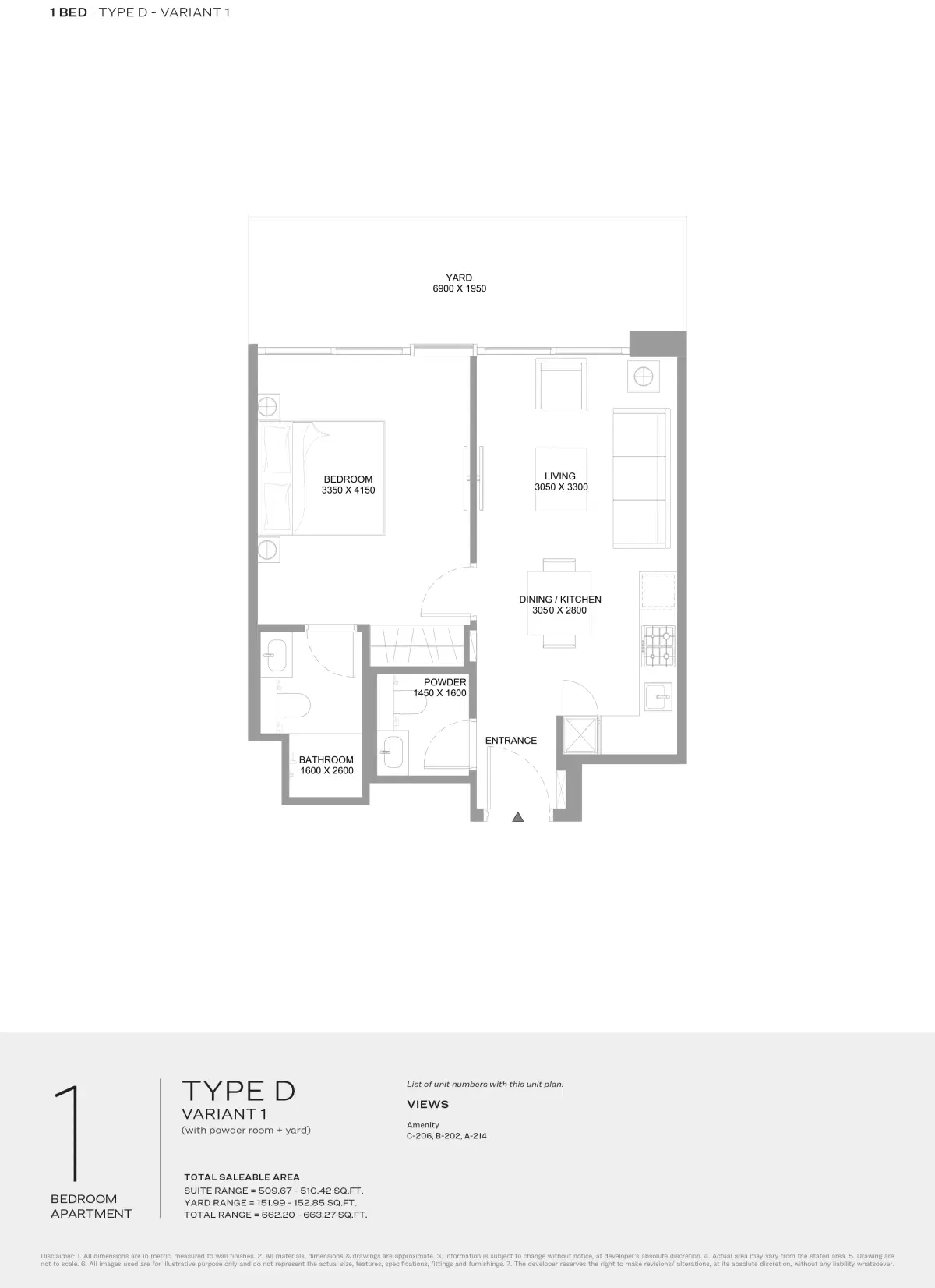 Sobha Coastline Beach Residences At Siniya Island 1 Bedroom Appartment Type-D Floor Plan