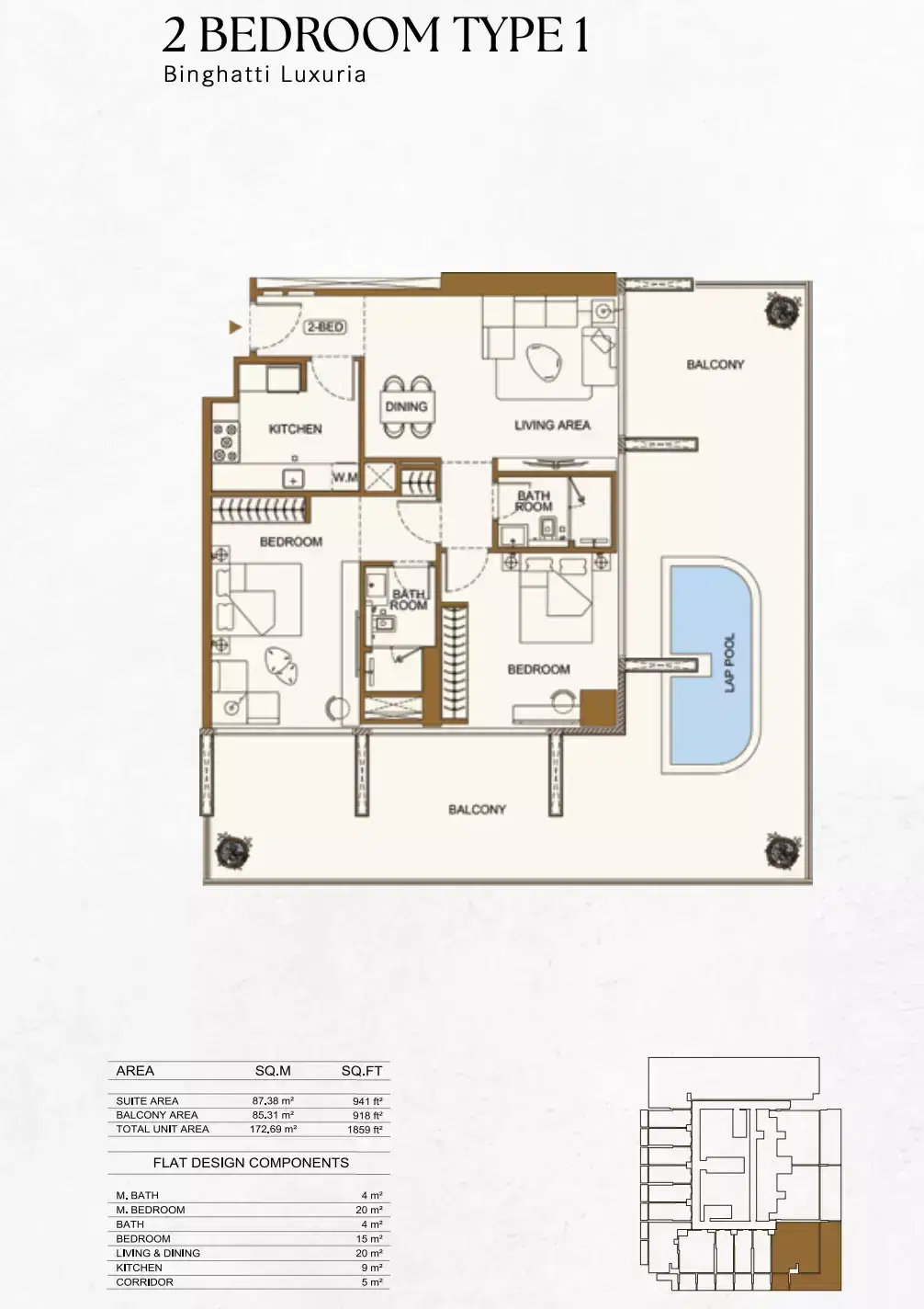 Binghatti Luxuria at JVT | Studio & Apartments 2 BR Apartment Floor Plan