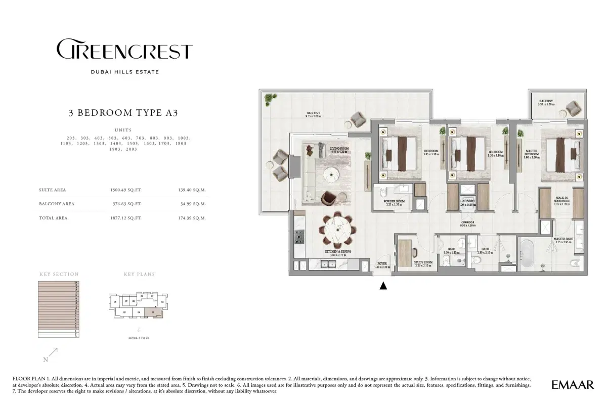 Emaar Greencrest At Dubai Hills Estate 3 BR Apartment Floor Plan