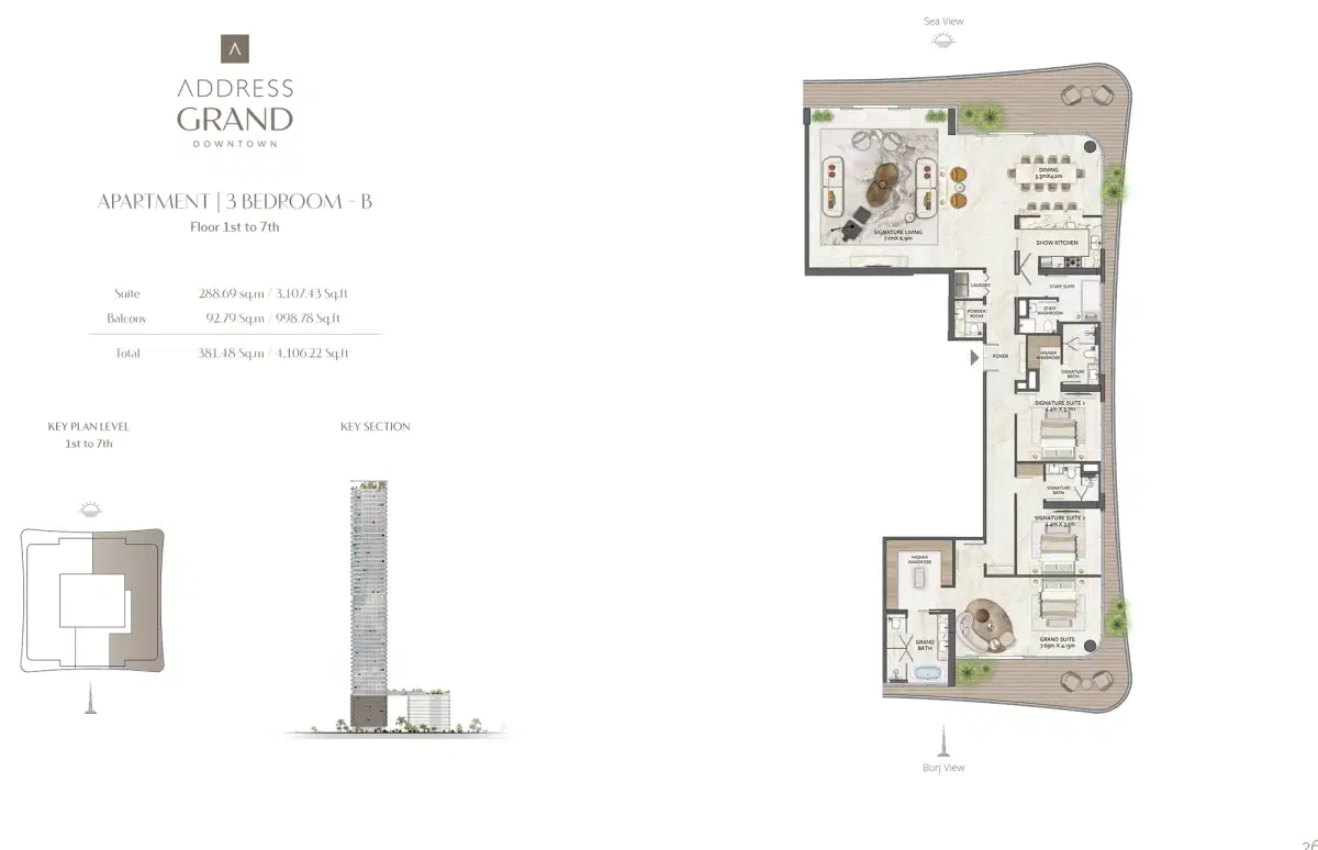 Nshama Address Grand Downtown Dubai 3 BR Apartment Floor Plan