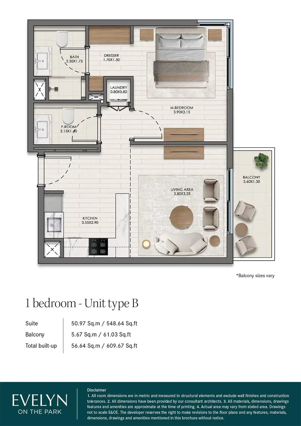 Nshama Evelyn on the Park at Town Square Dubai 1 BR Floor Plan 609 Sq. Ft.