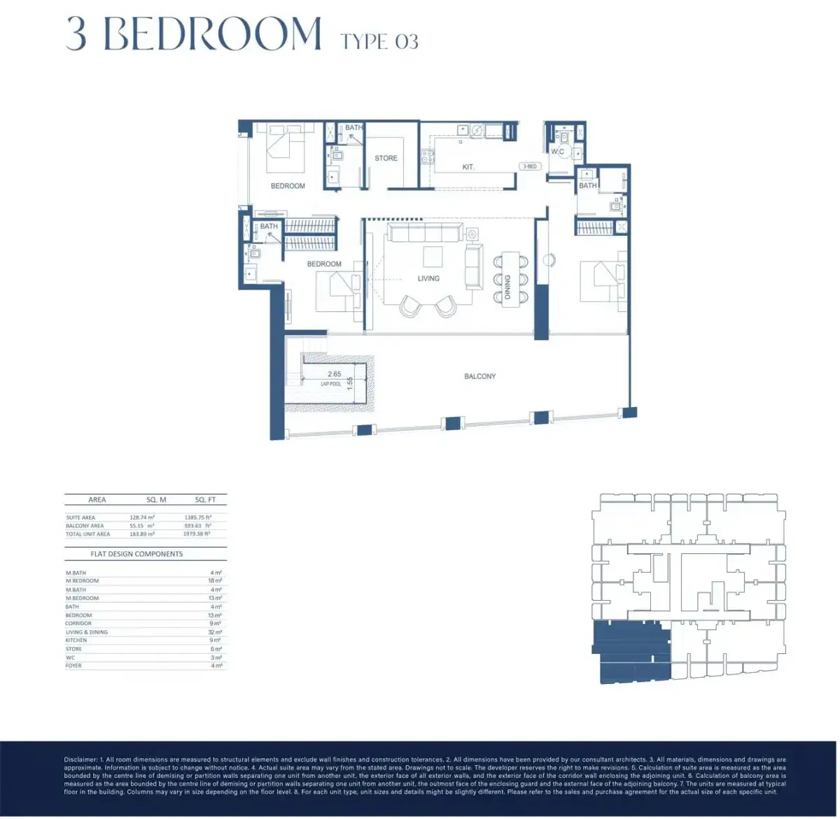 Binghatti Twilight Apartments at Al Jaddaf Dubai 3 BR Floor Plan 1,979 Sq. Ft.