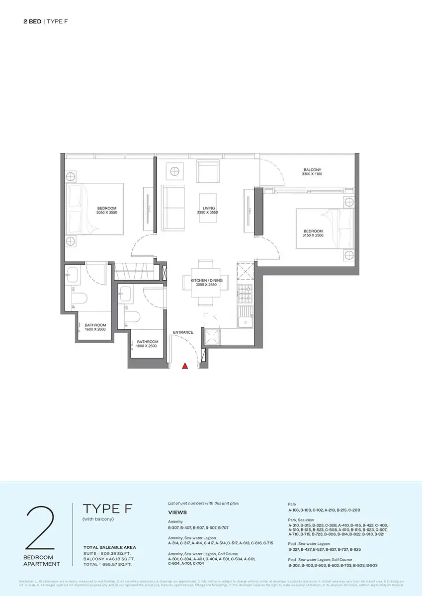 Sobha Selene Beach Residences Apartments at Siniya Island 2 BR Apartment Floor Plan 655 Sq. Ft.