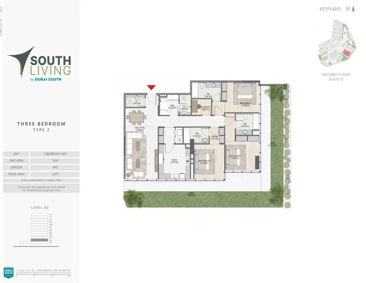 South Living 3 BR Apartments Floor Plan