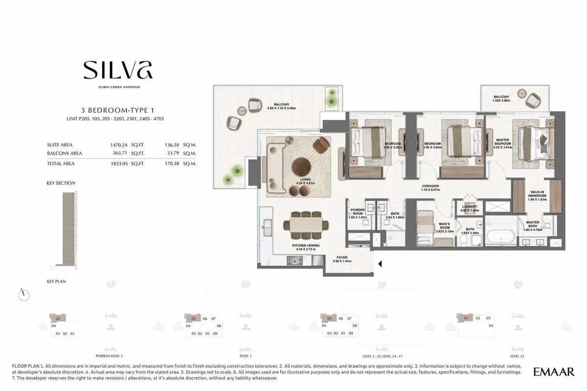 Emaar Silva at Dubai Creek Harbour 3 Bedroom Floor Plan