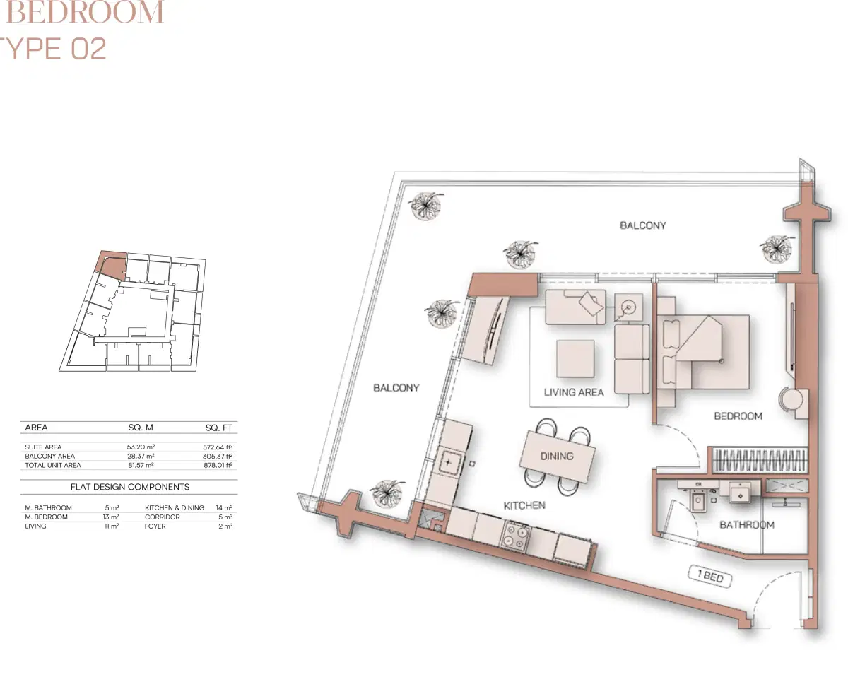Binghatti Pinnacle Apartments Dubai at Al Jaddaf 1 BR Apartment Floor Plan