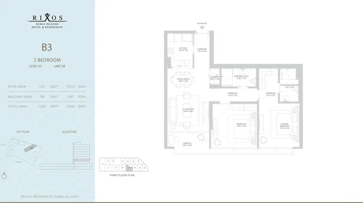 Nakheel Rixos Phase 2 Dubai 2 BR Floor Plan 1,236 Sq. Ft.