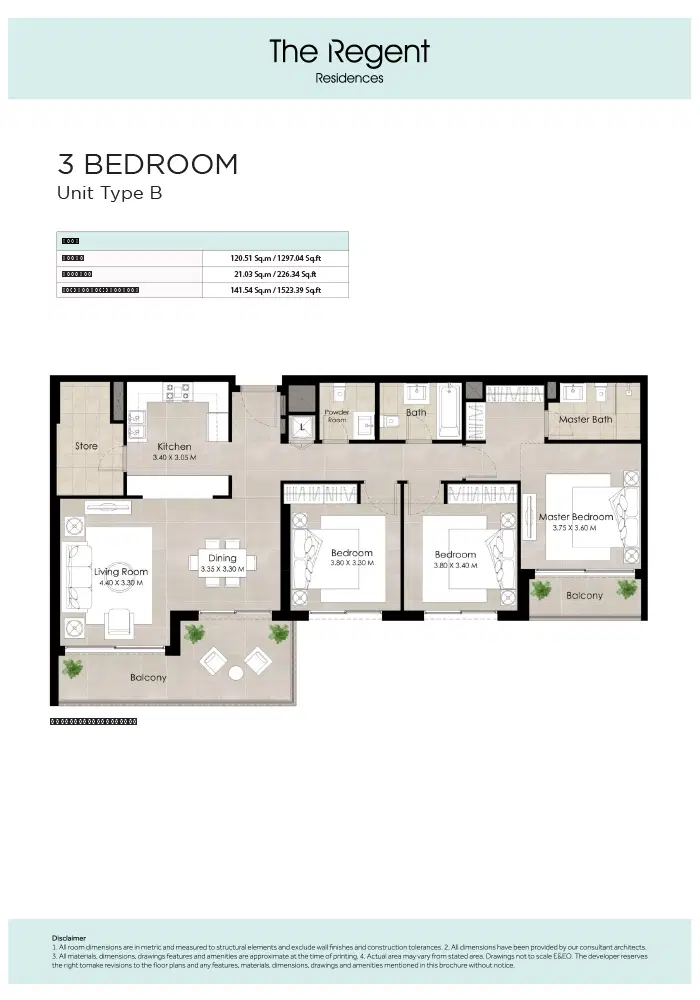 Nshama The Regent Residences at Town Square Dubai 3 Bedroom Apartments Floor Plan