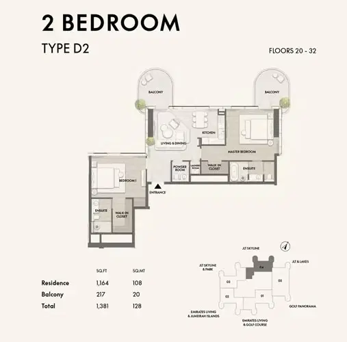 Signature W Residences Dubai Jumeirah Lakes Towers 2 BR Apartment Floor Plan