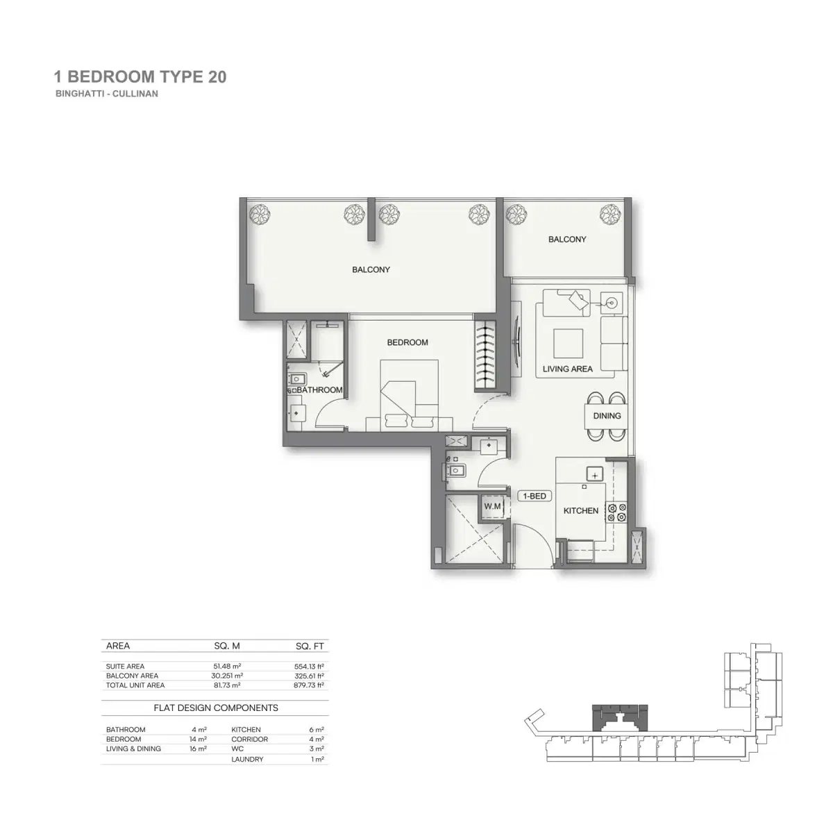 Binghatti Cullinan at Al Jaddaf | Luxury Studio & Apartments 1 BR Apartment Floor Plan