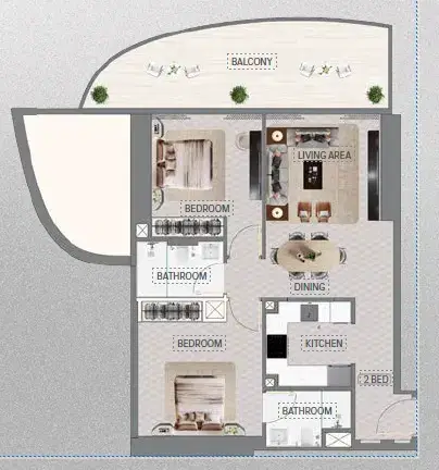 Mercedes-Benz Places Binghatti City at Meydan 2 BR Floor Plan 980.16 Sq.Ft