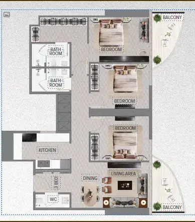 Mercedes-Benz Places Binghatti City at Meydan 3 BR Floor Plan 1284.35 Sq.Ft