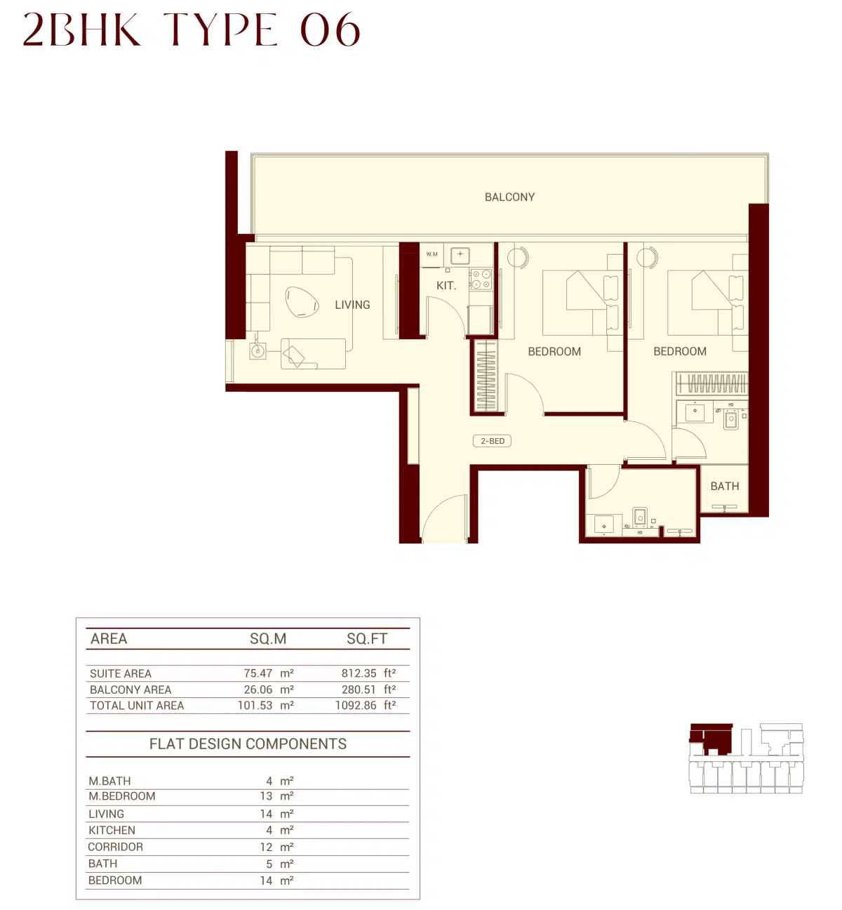 Binghatti Ruby At Jumeirah Village Circle 2 BR Appartment Floor Plan