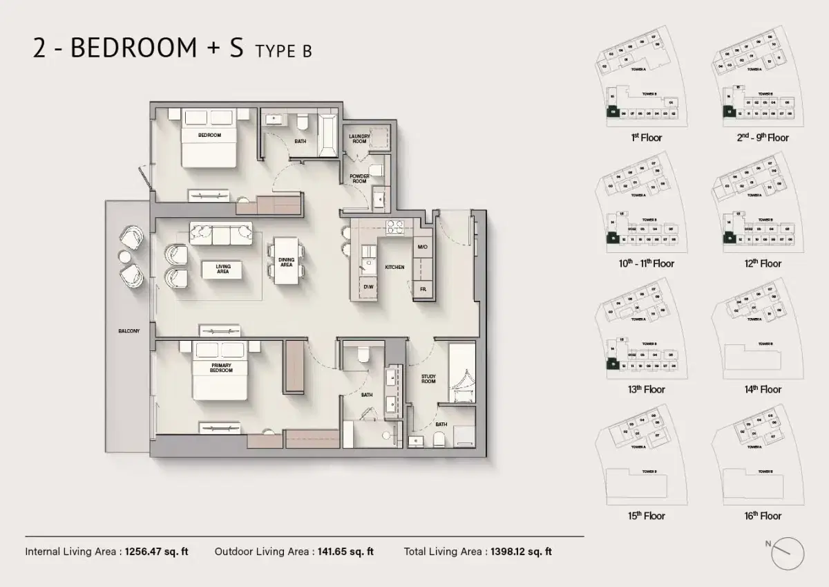 Ellington The Hillgate at Dubai Silicon Oasis Ellington The Hillgate 2 BR Apartment + Study Floor Plan 1,398 Sq. Ft.