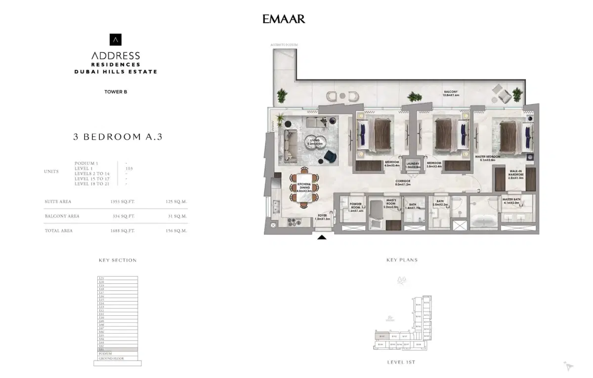 EMAAR Address Residences at Dubai Hills Estate 3 BR Apartments Floor Plan