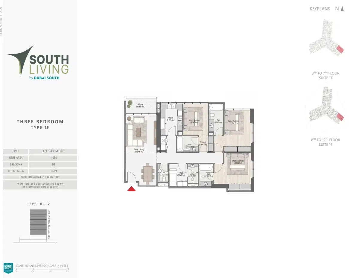 South Living 3 BR Apartments Floor Plan