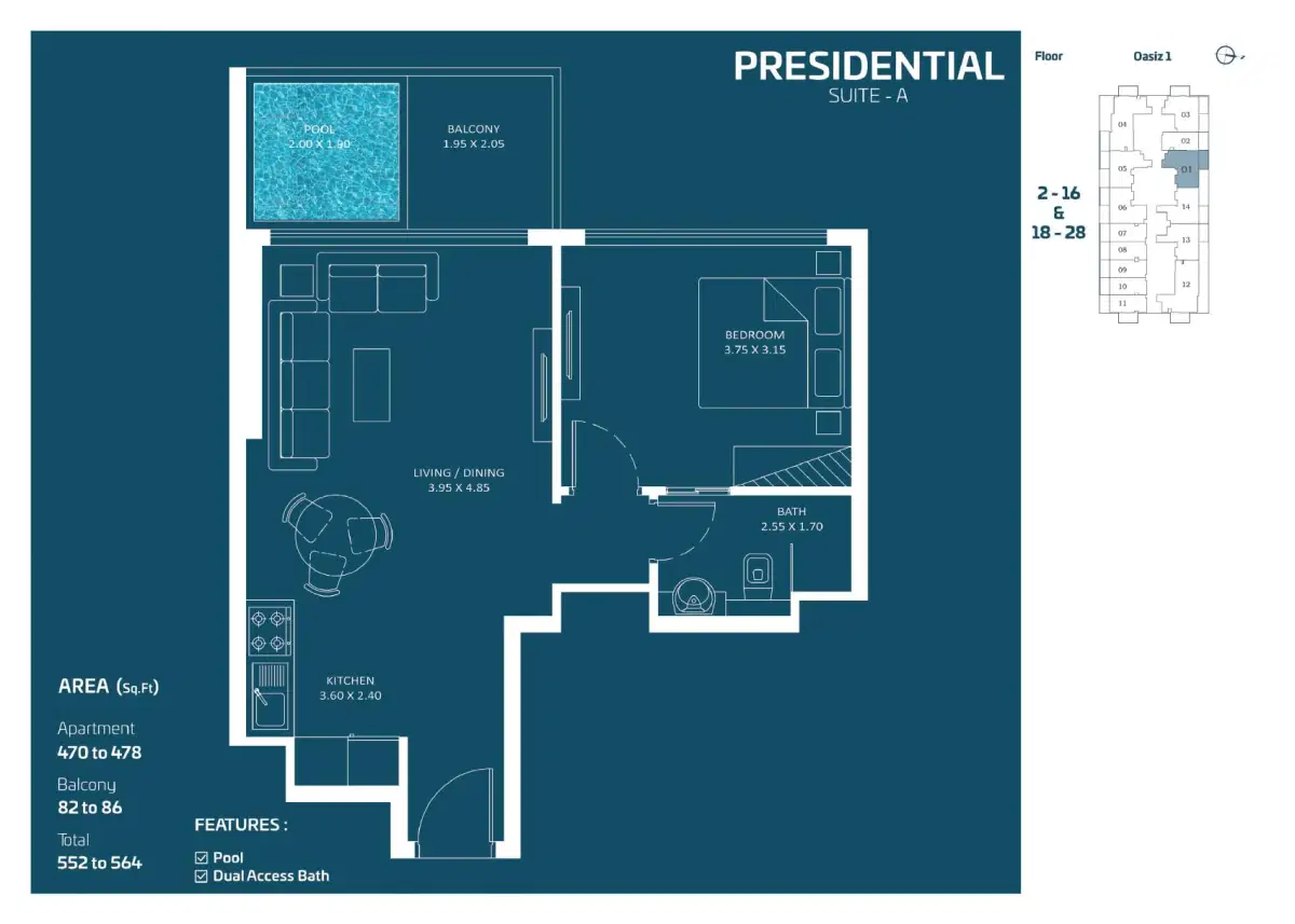 Danube Oasiz Studio & Apartments 1 BR Apartment Floor Plan
