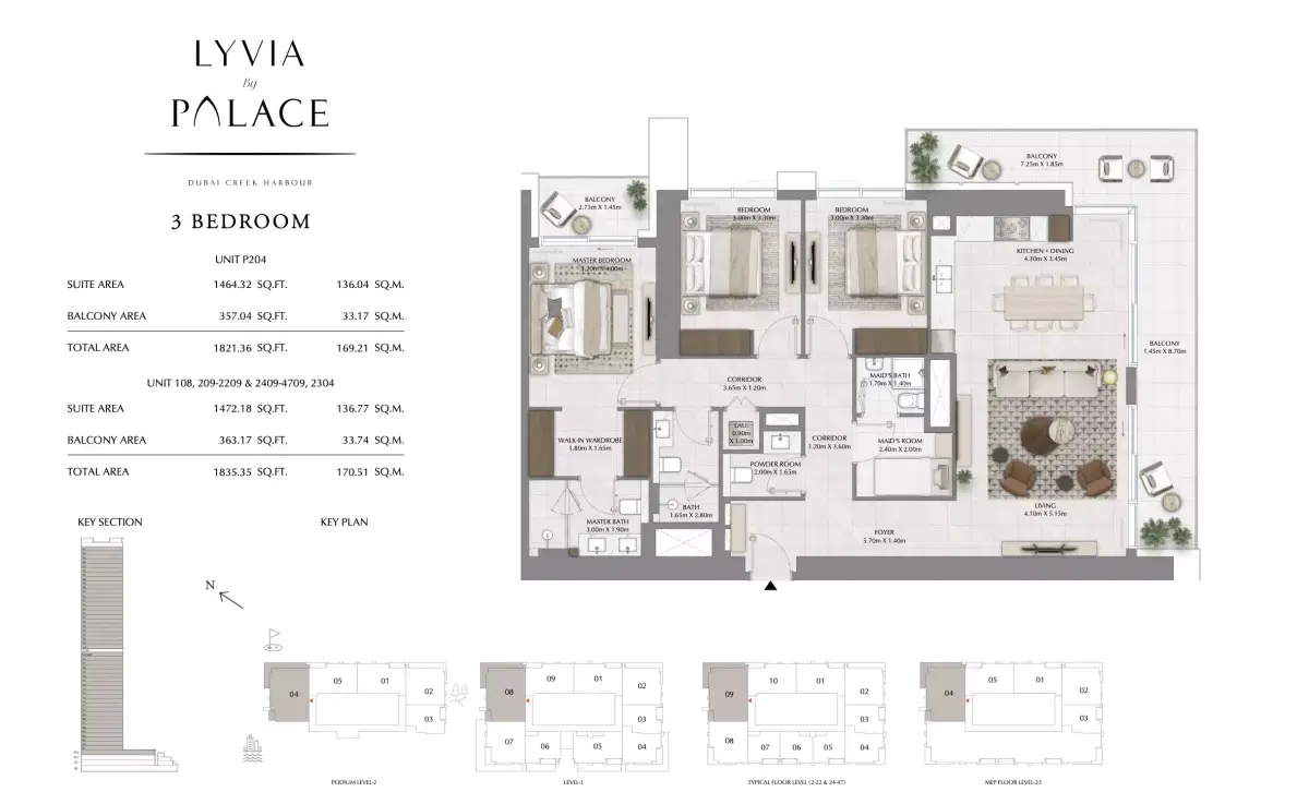 Emaar Lyvia by Palace at Dubai Creek Harbour 3 BR Apartment Floor Plan