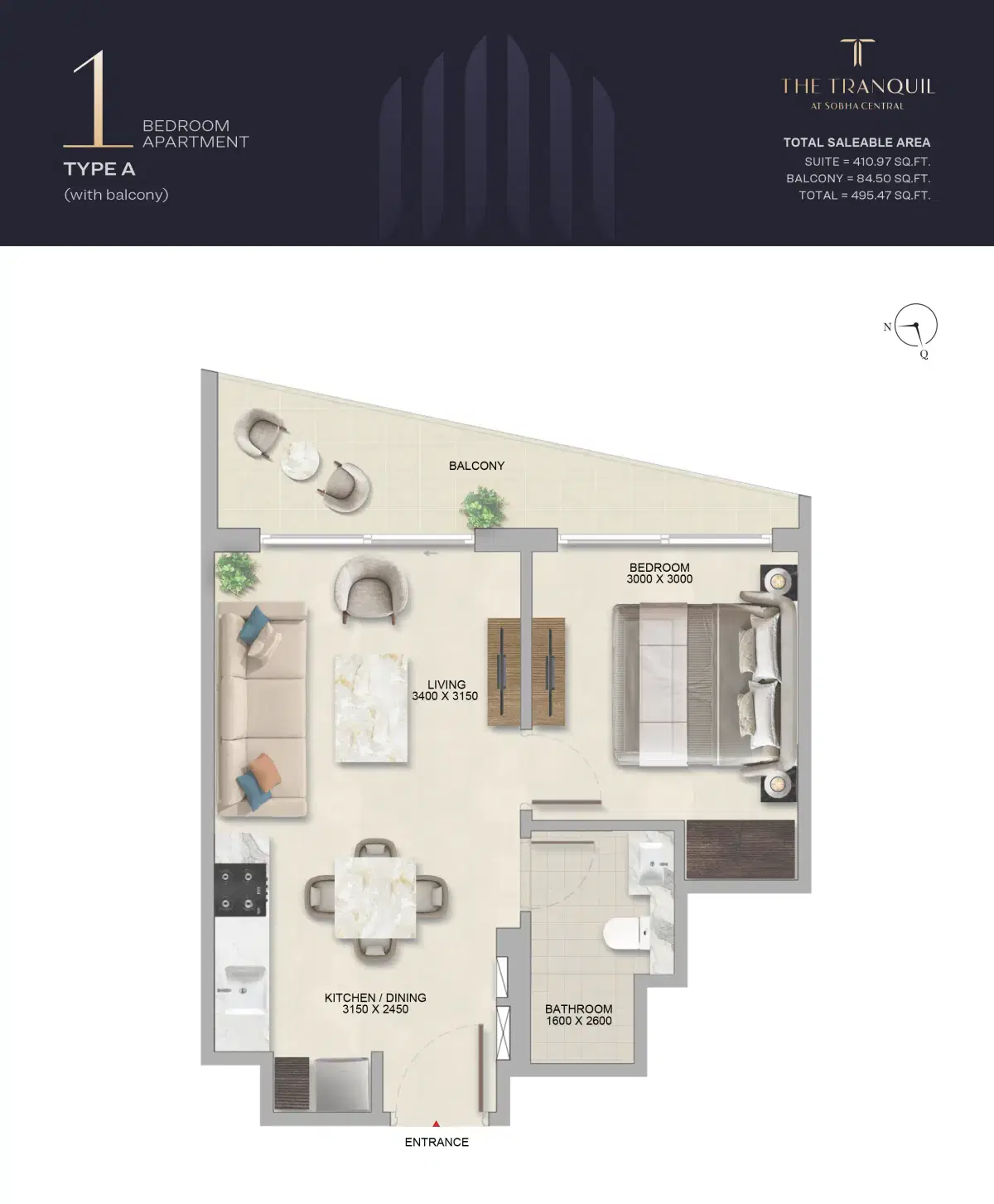 Sobha The Tranquil At Sobha Central Dubai 1 Bedroom Apartments Floor Plan