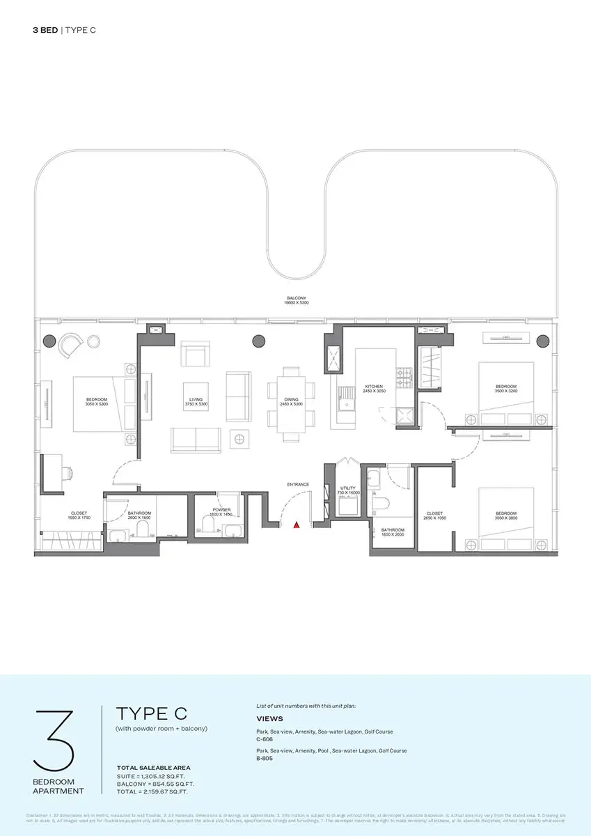 Sobha Selene Beach Residences Apartments at Siniya Island 3 BR Apartment Floor Plan 2,159 Sq. Ft.
