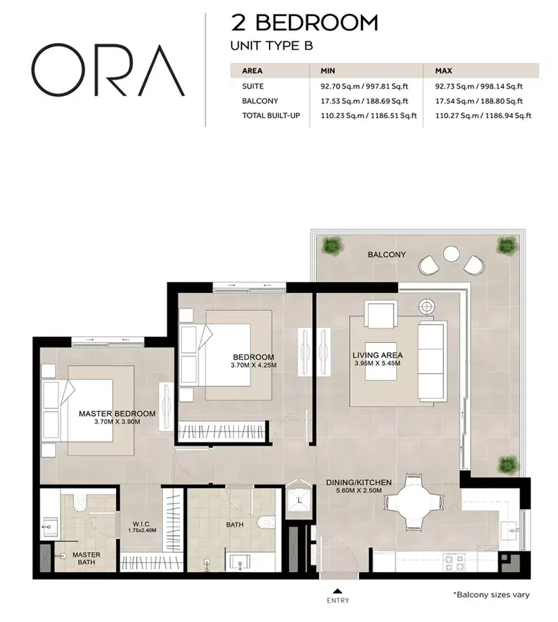 Nshama Ora Apartments at Town Square Dubai 2 BR Floor Plan 1,186 Sq. Ft.