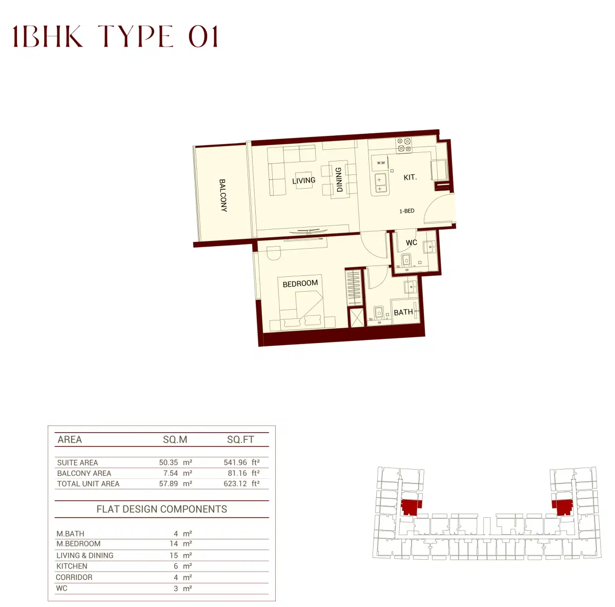 Binghatti Ruby At Jumeirah Village Circle 1 BR Apartment Floor Plan