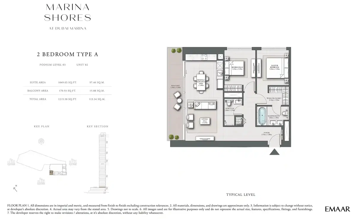 Emaar Marina Shores Apartments & Penthouses at Dubai Marina 2 Bedroom Apartments Floor Plan
